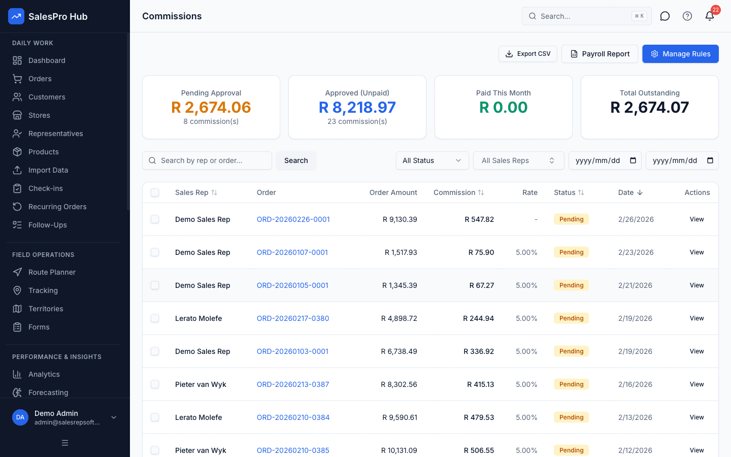 SalesPro Hub commission management screen for comparing incentive workflows while evaluating how to accelerate sales rep onboarding and time to productivity