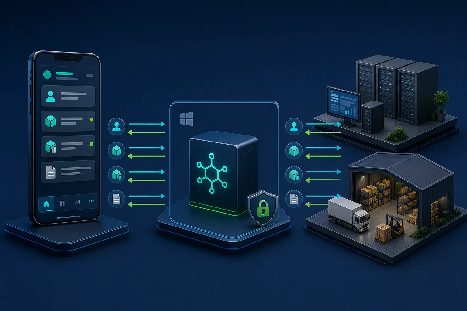 Architecture showing a South African field sales app connecting through a secure customer-hosted Windows service to Sage 300 and warehouse systems