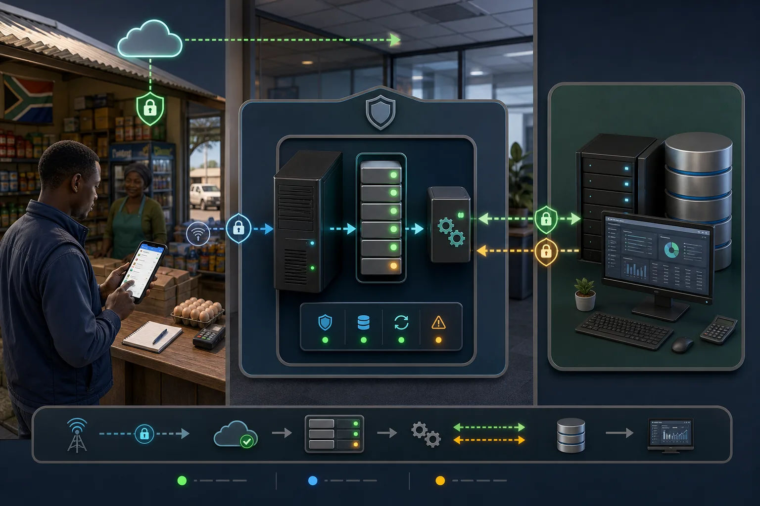 Architecture showing a South African field sales app using a secure customer-hosted connector to reach SAP Business One Service Layer and warehouse data