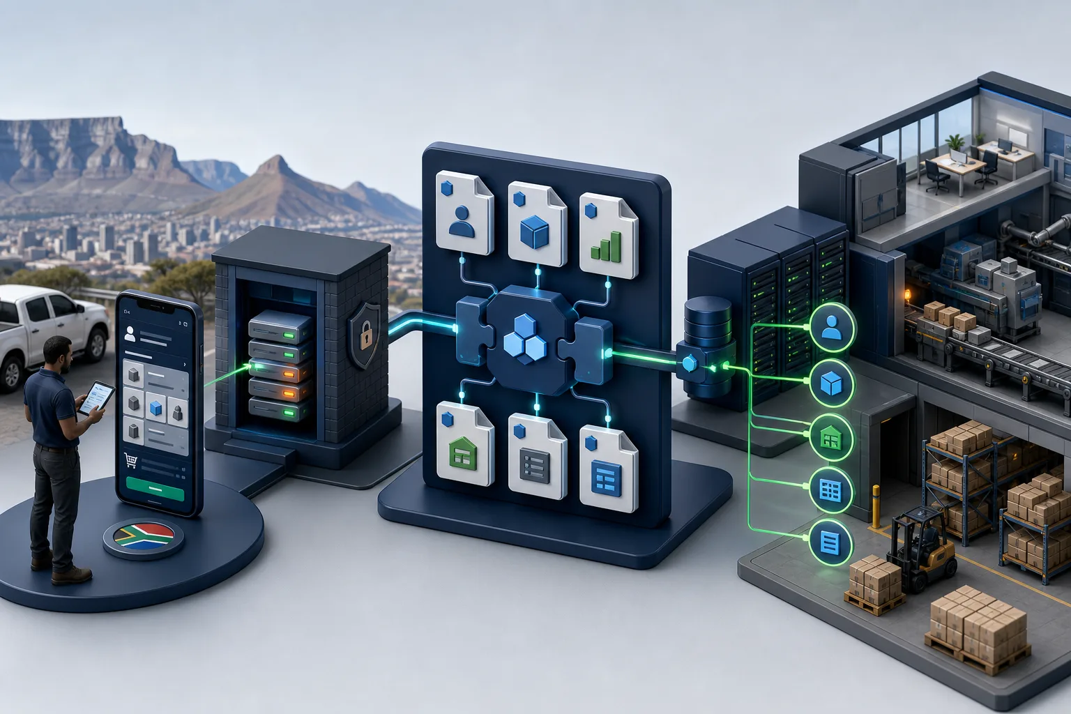 Architecture showing a South African mobile field sales workflow passing through a secure Windows connector to SYSPRO business objects and warehouse systems
