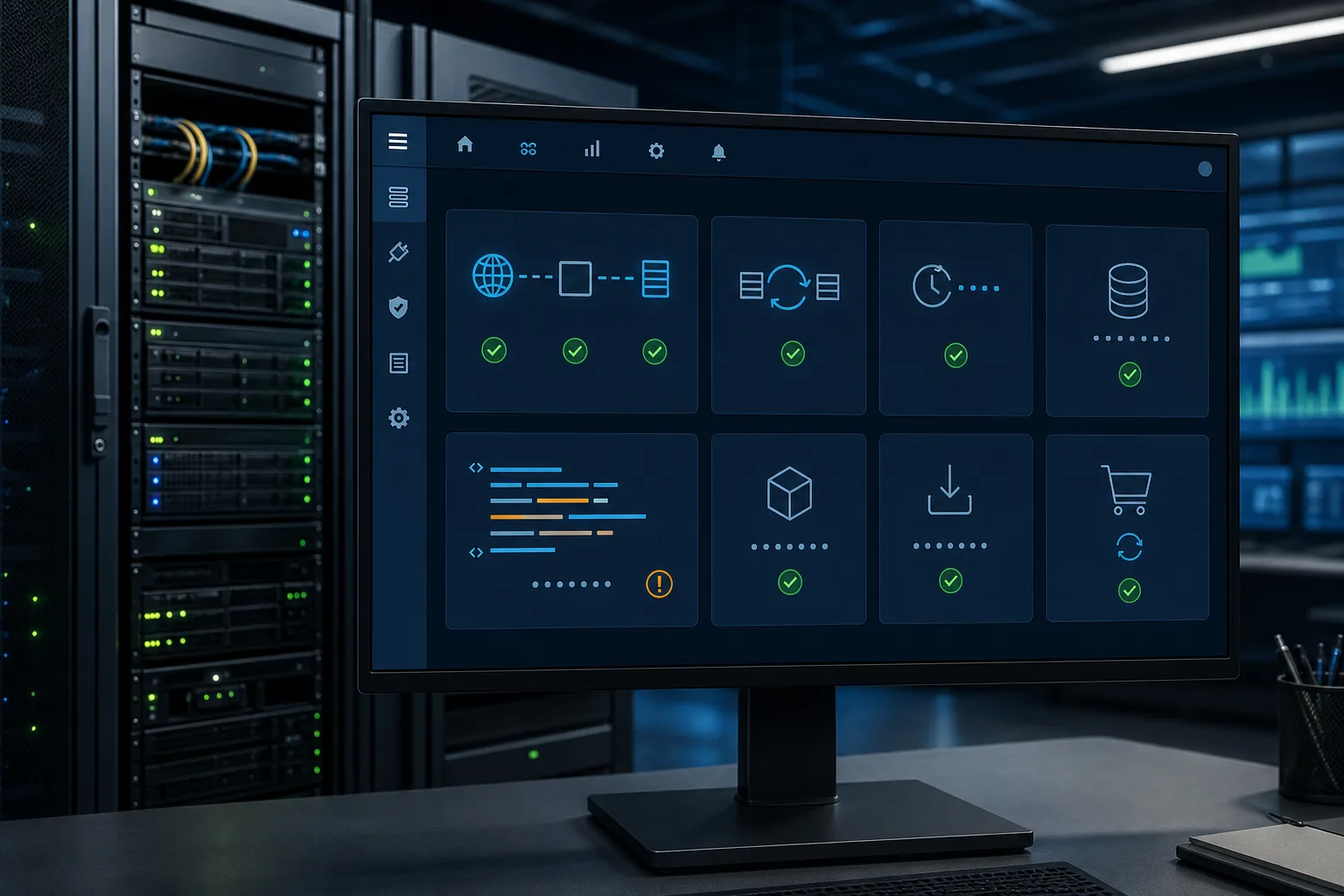Dark enterprise monitoring console showing a planned SYSPRO connector heartbeat version configuration retries durable queue and one business exception