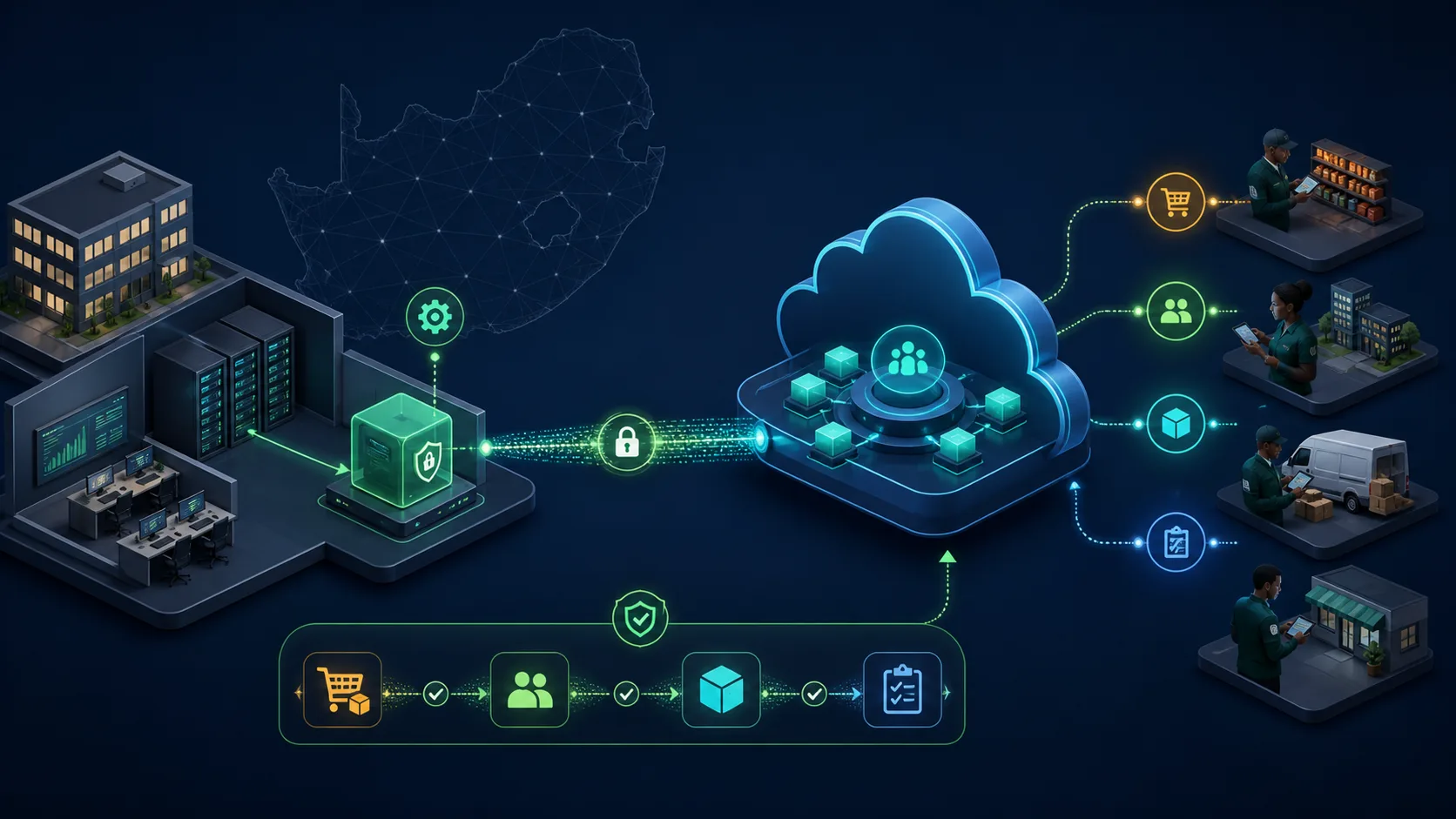 Diagram of an on-premise Windows connector sending protected field orders customers stock and status through an outbound cloud connection