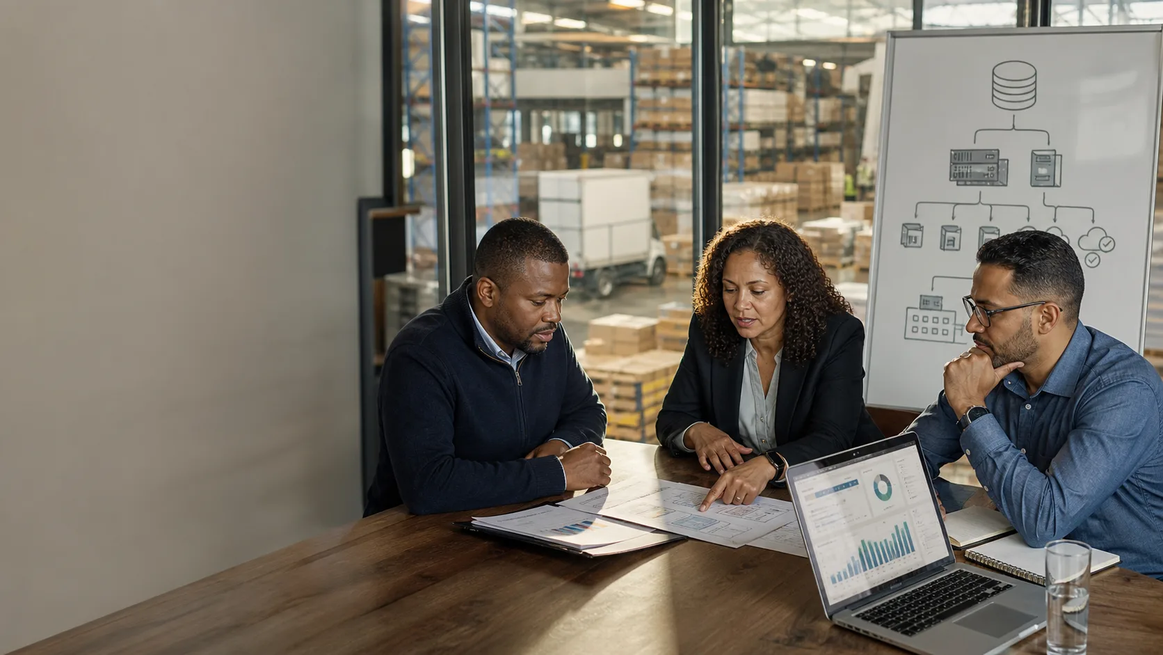 South African distribution operations, finance and IT leaders planning an Enterprise field sales software integration beside a warehouse