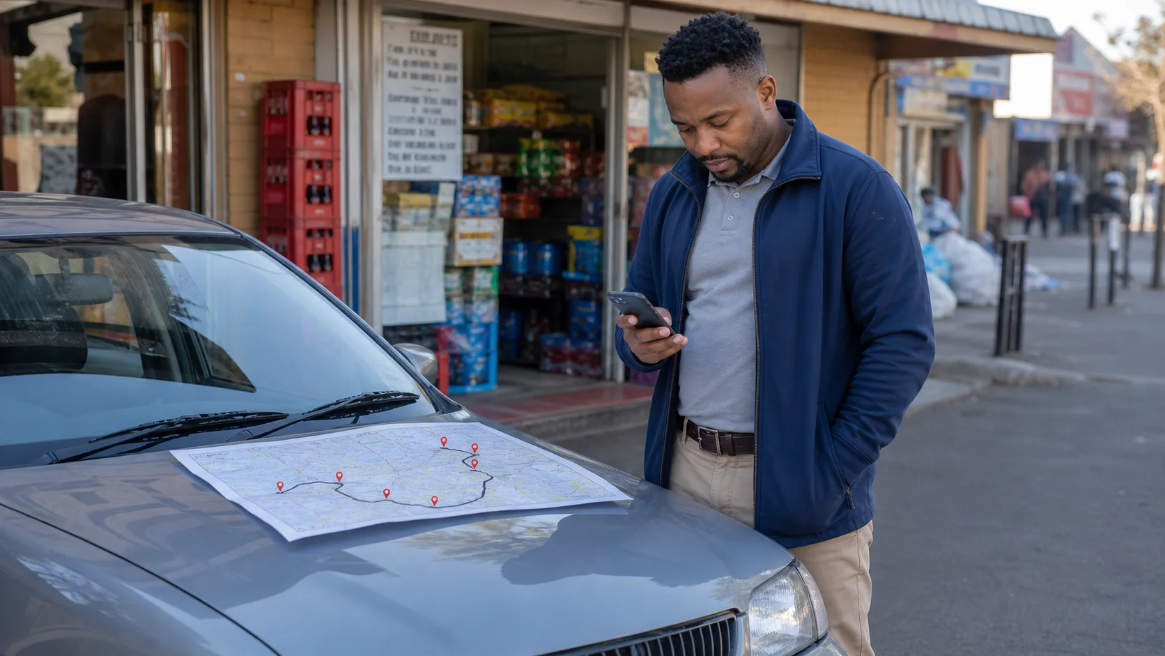 South African field sales representative planning customer stops before leaving for the day