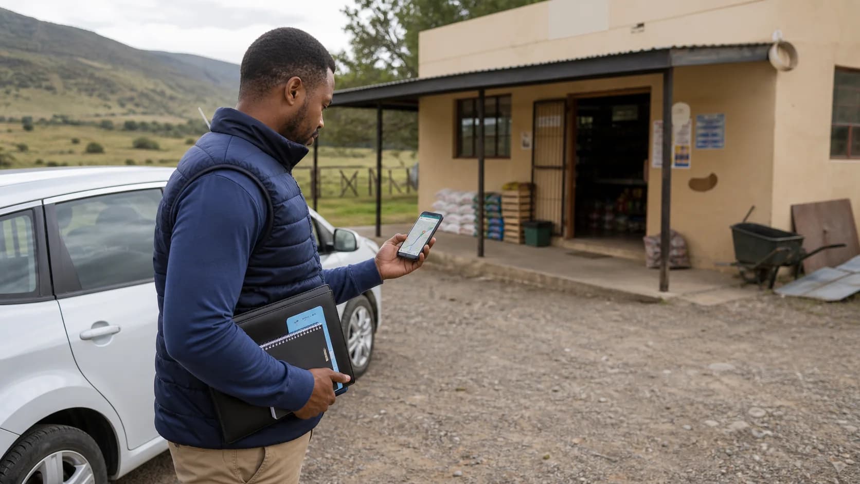 Field representative checking the next route stop outside a rural South African store