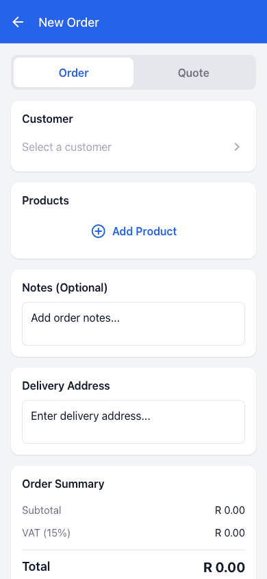SalesPro Hub mobile order entry screen used in product workflow verification