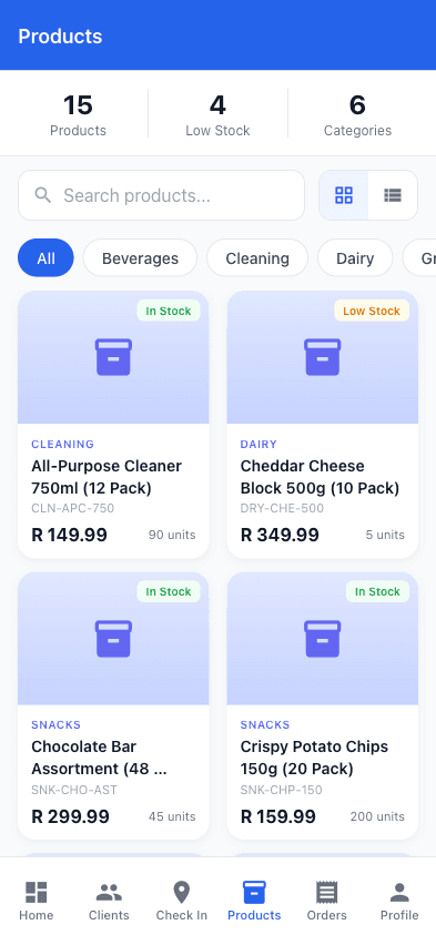 SalesPro Hub mobile product catalogue used to check items during van sales