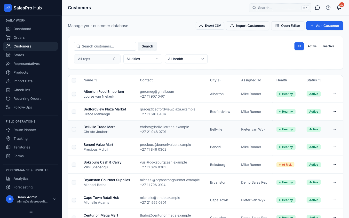 SalesPro Hub mobile CRM showing customer management and contact details