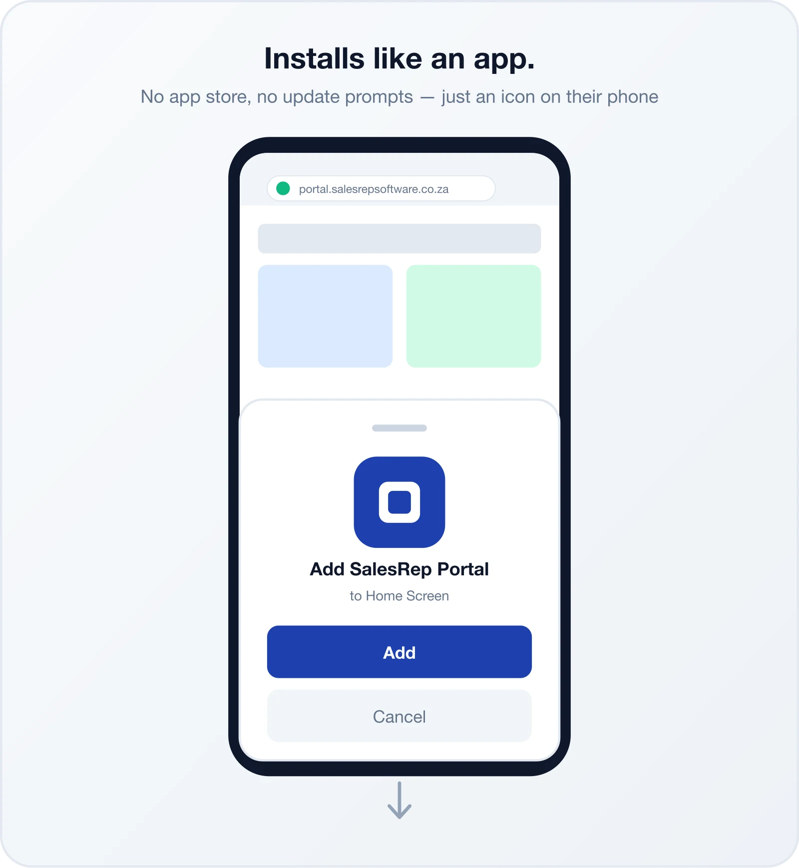 Illustration of a phone showing the Add to Home Screen prompt for installing the customer ordering app like a native app