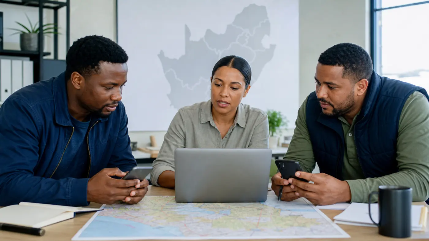 South African field sales manager and representatives evaluating a software switch with a territory map during a FMCG field sales software evaluation