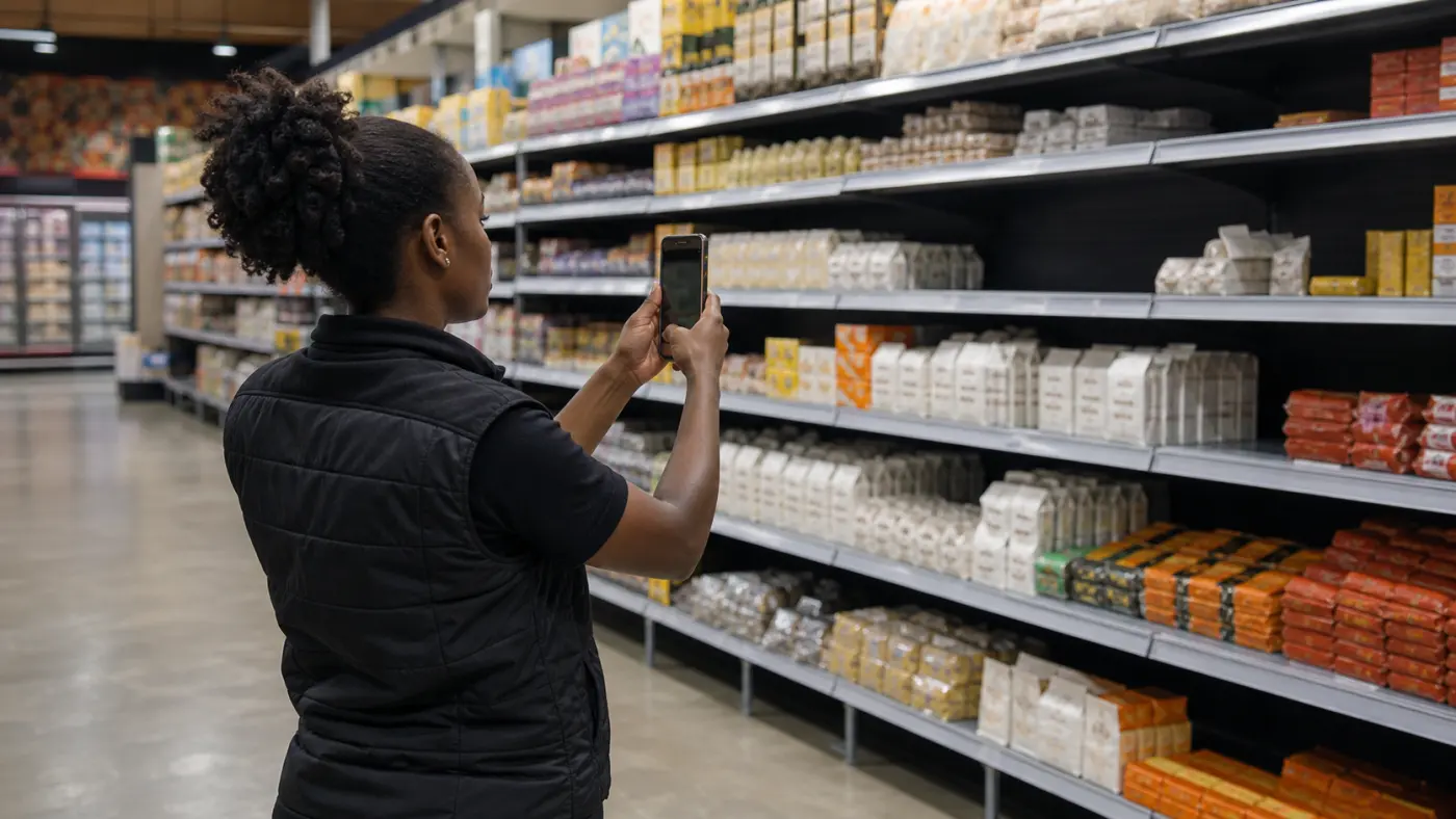 South African retail merchandiser photographing a shelf gap during an in-store audit