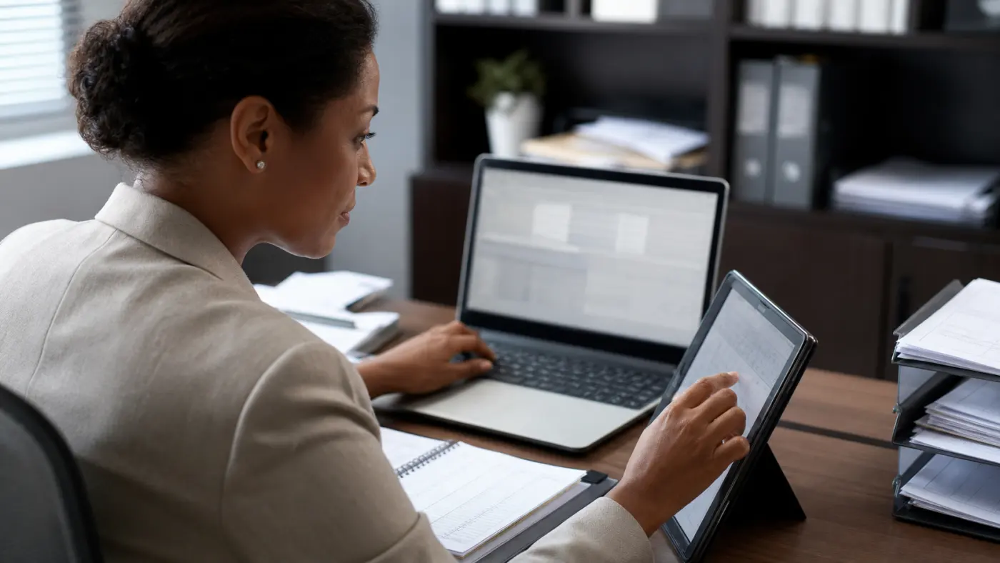 South African operations specialist reconciling field orders with an external business system on a laptop and tablet