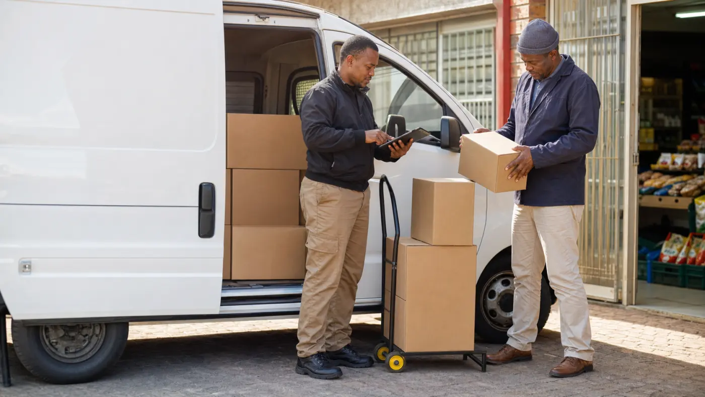 South African van sales representative checking a delivery order beside an unbranded delivery van