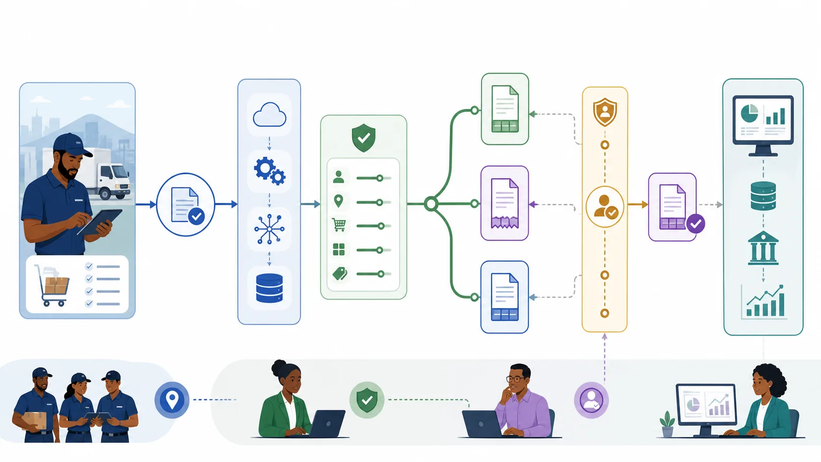 QuickBooks integration decision diagram selecting an estimate sales receipt or invoice from one approved field order