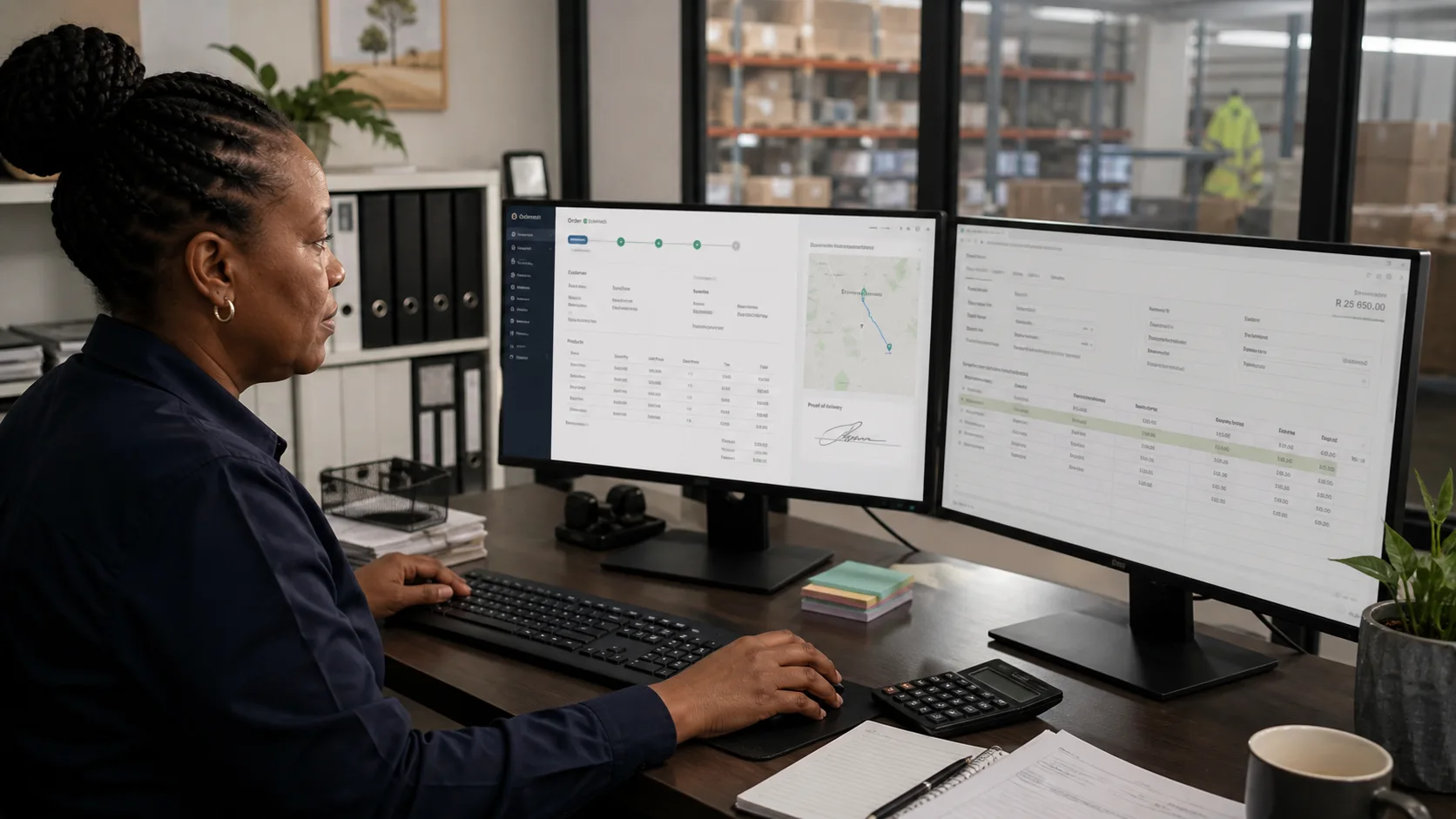 South African bookkeeper comparing a submitted mobile field order with a QuickBooks Online accounting transaction in a distribution office