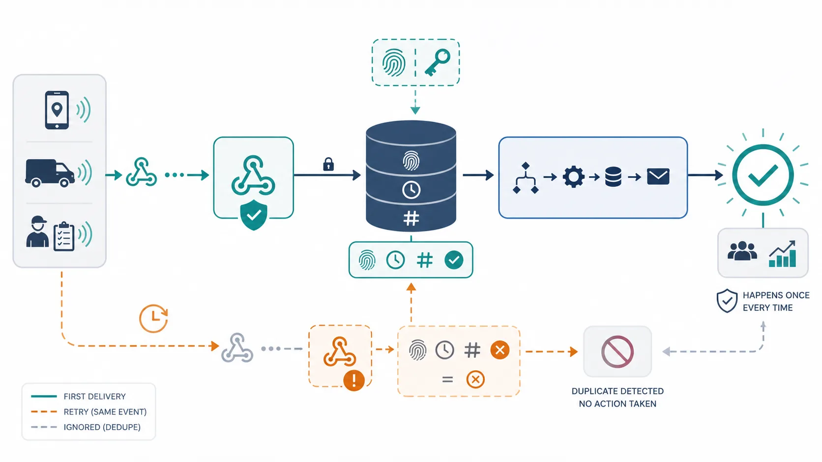 Webhook delivery identity diagram deduplicating a retried Zapier event so the downstream business action happens once