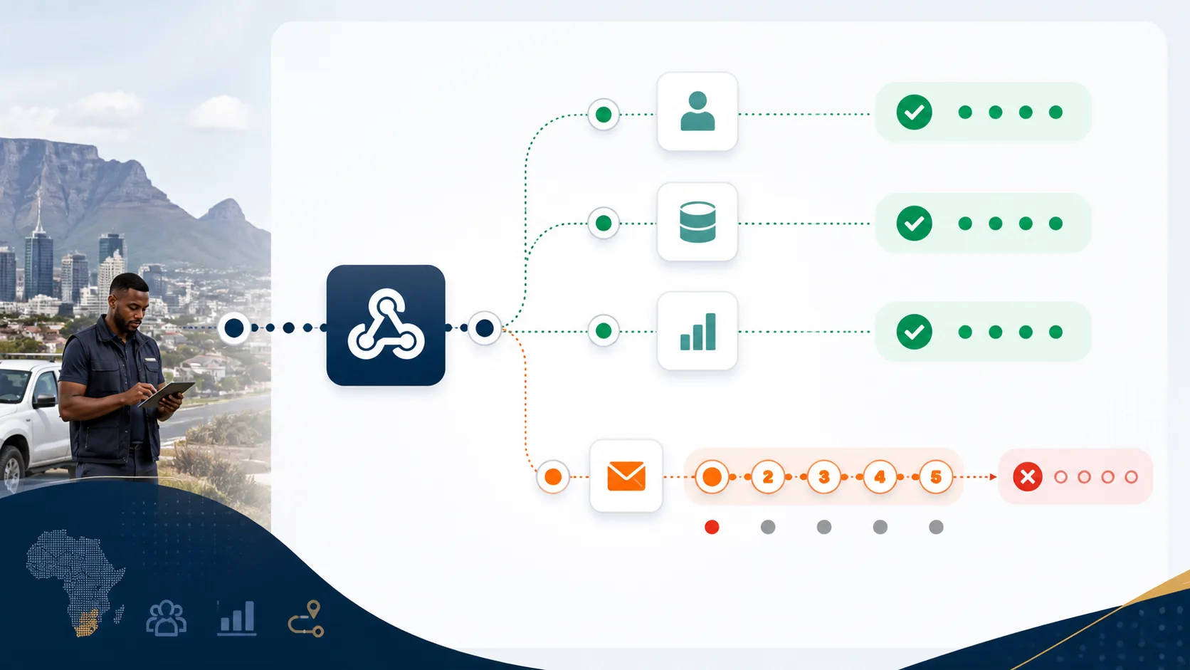 Zapier delivery diagram showing one failed destination retrying independently five times while successful hooks are not replayed