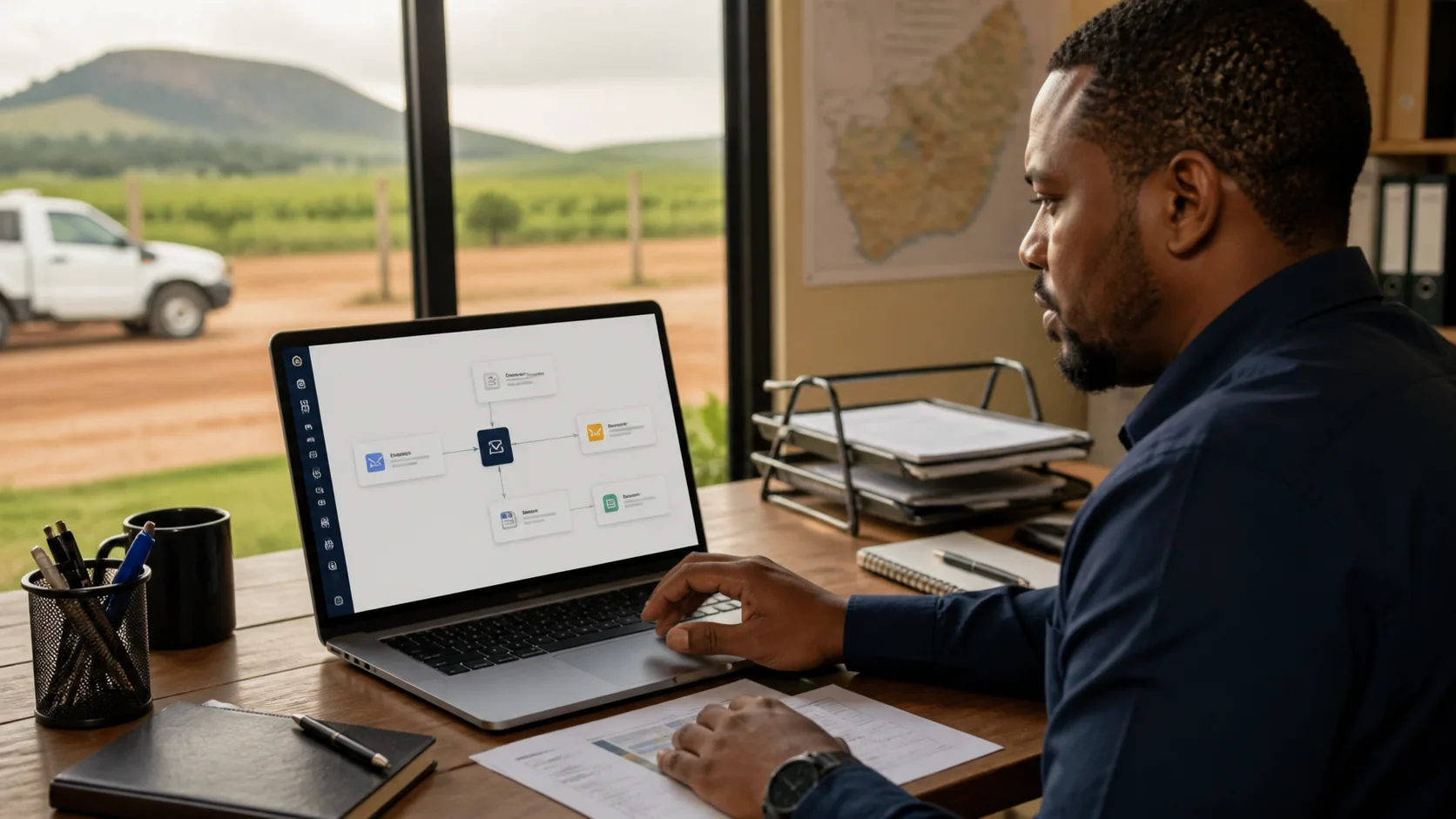 South African sales operations manager building a catch-hook automation from field sales events into email tasks and spreadsheets
