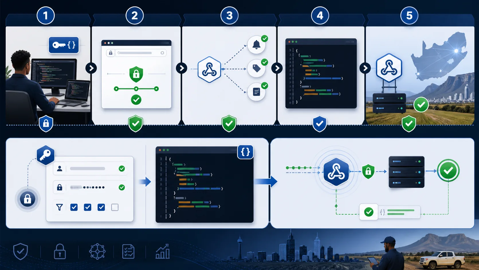 Developer setup sequence for a scoped API key validated HTTPS Zapier catch hook sample event and active subscription