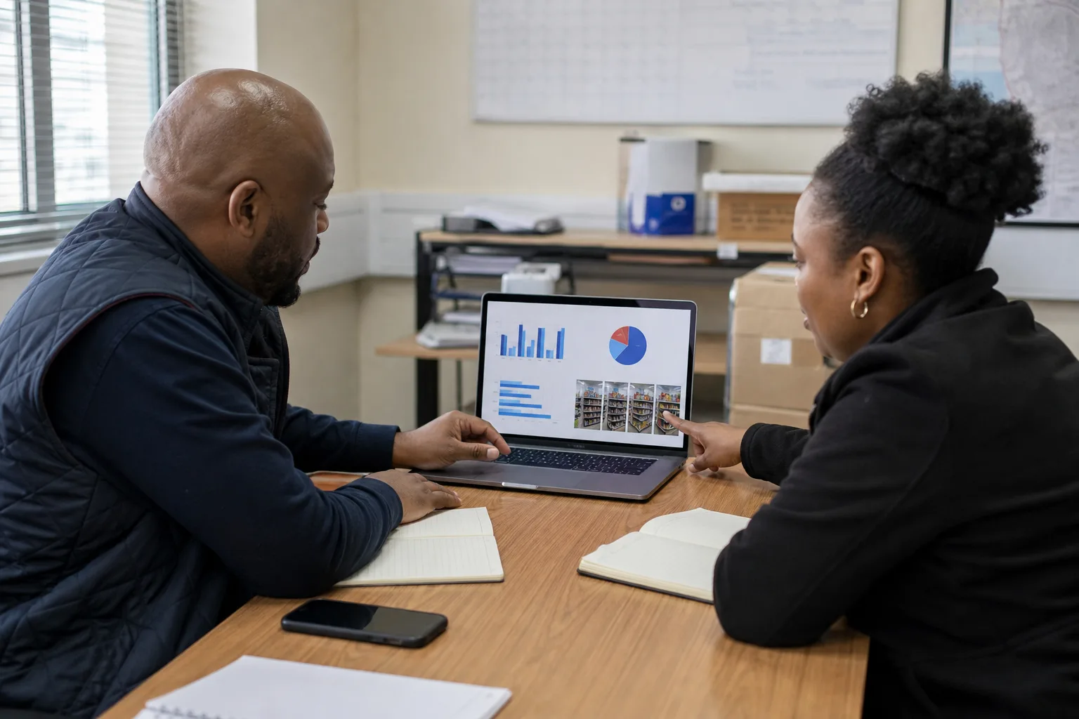 South African retail execution leaders reviewing shelf photographs and compliance exceptions on a laptop