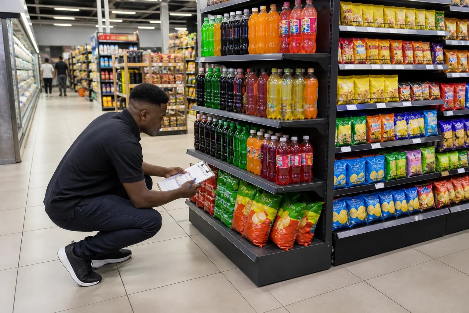 South African merchandiser checking product facings on a promotional end-cap display