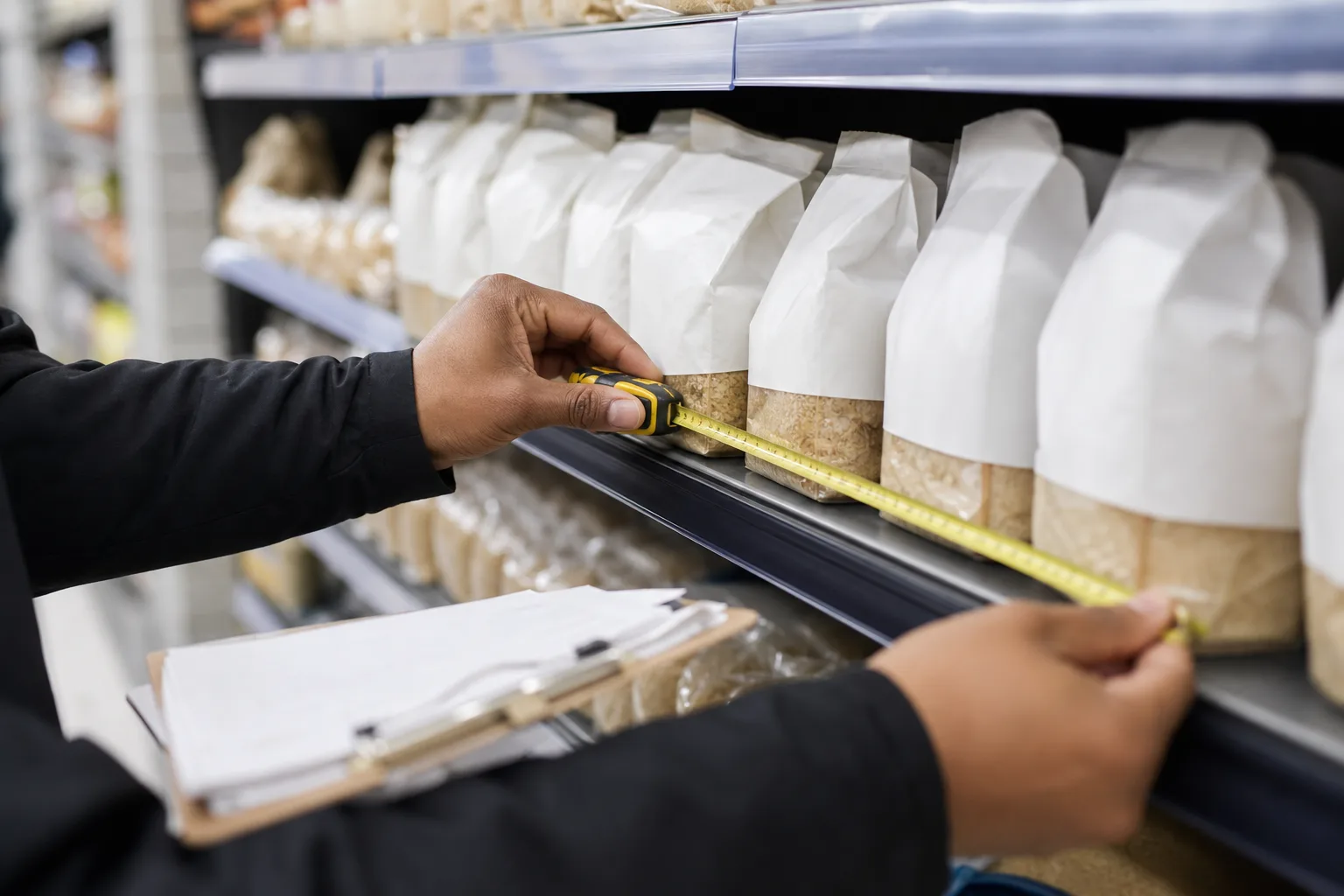 Retail merchandiser measuring the width of product facings on a grocery shelf