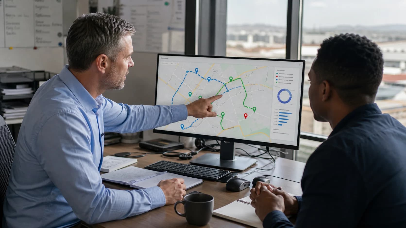 Sales manager and field representative comparing planned and completed customer stops on a route map