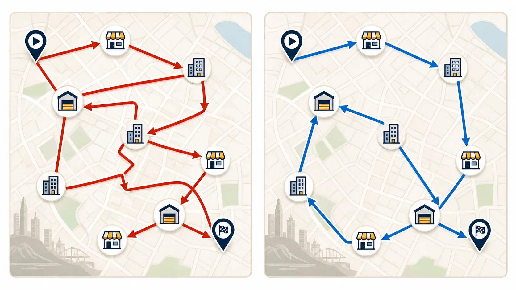 Side-by-side sales route maps comparing a backtracking sequence with a shorter logical stop order