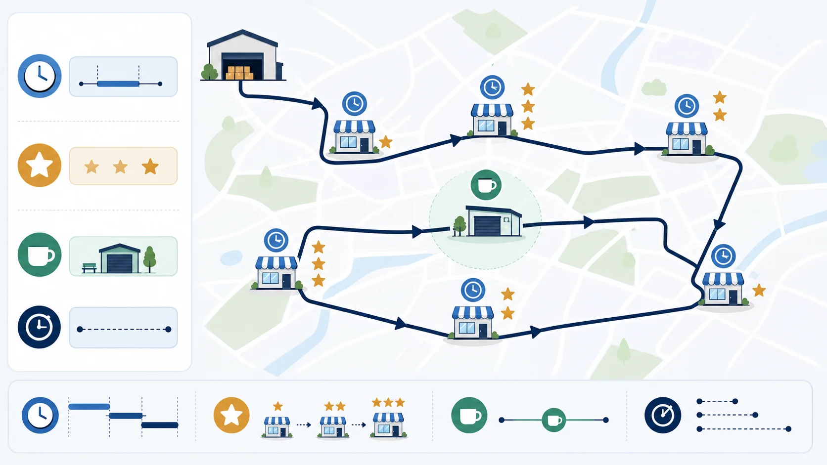 Illustrated multi-stop sales route accounting for visit duration, customer priority, time windows and a depot stop