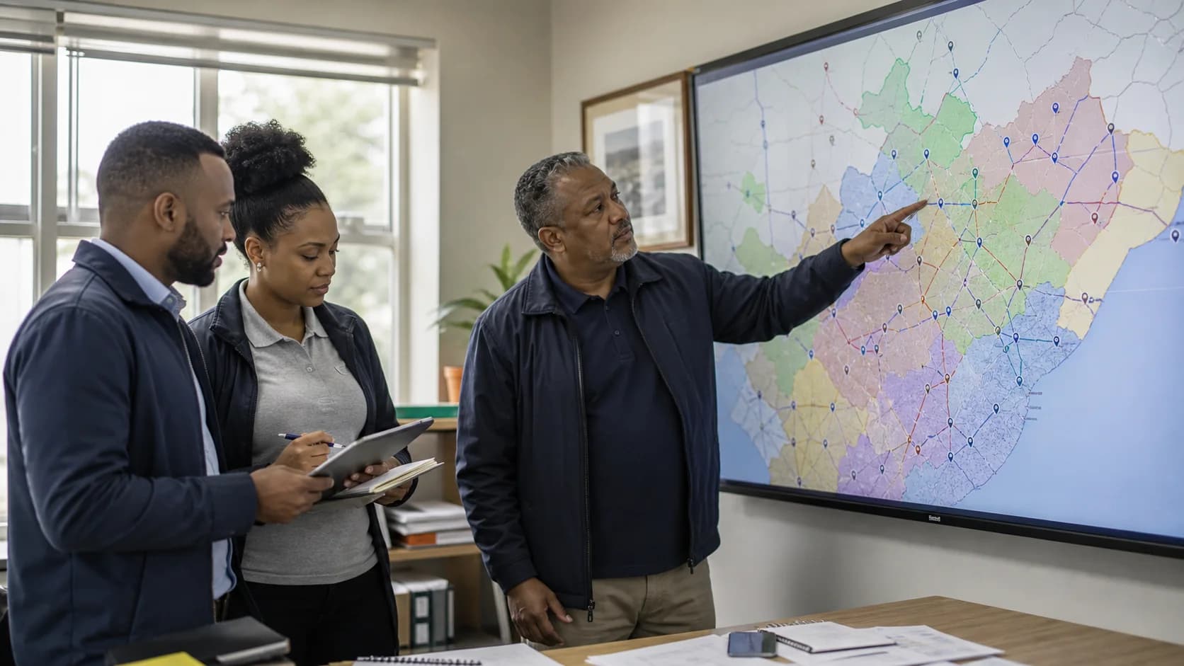 South African sales manager and representatives reviewing customer coverage across mapped territories