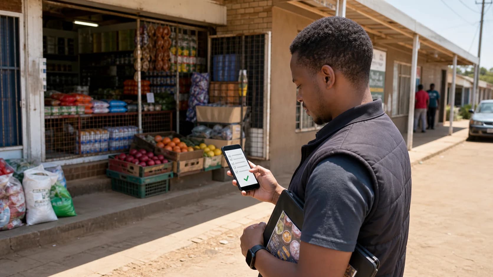 Field representative completing a mobile sales visit report after meeting a South African retail customer