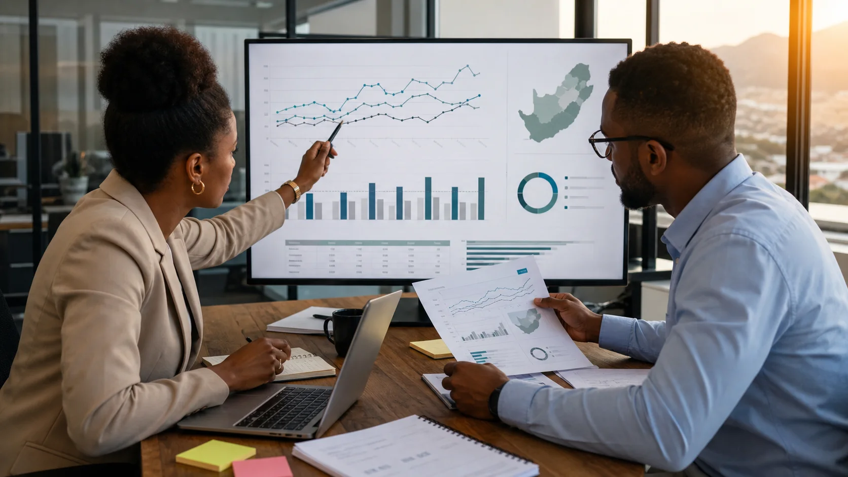South African sales leaders reviewing monthly results and forecast assumptions around a table