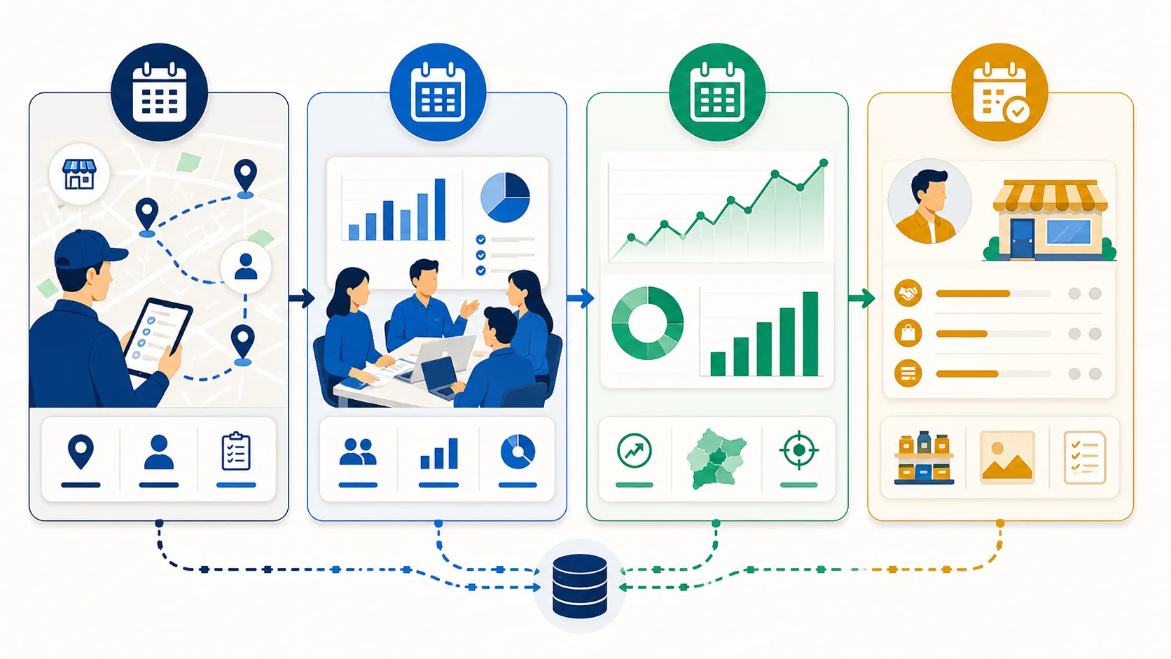 Sales operations team arranging daily weekly and monthly reporting work on a planning board