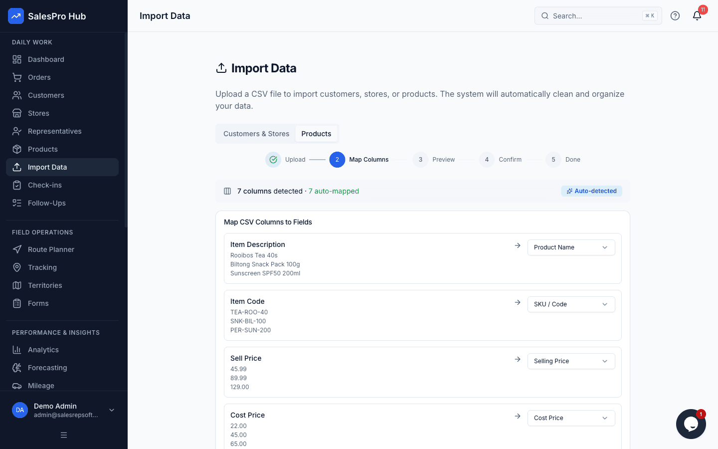 Smart import wizard showing automatic column detection — non-standard CSV headers mapped to system fields
